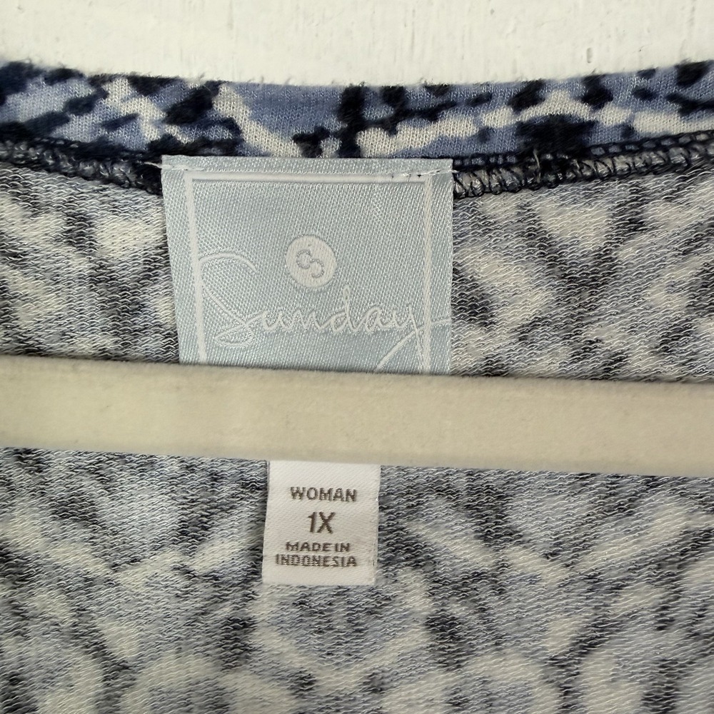Sunday Womens Top Size 1X French Terry Blue Relaxed Fit Casual Boho Maximalist - Picture 10 of 14